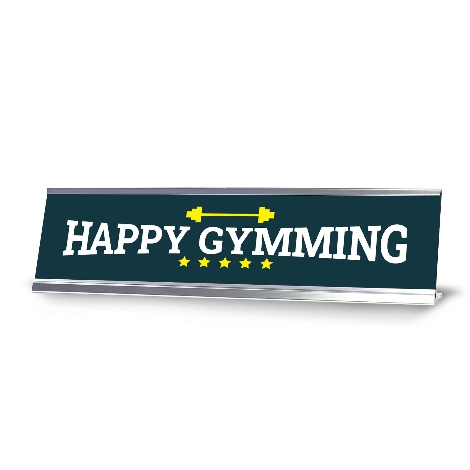 Signs ByLITA Happy Gymming, Silver Frame, Gym Desk Sign (2×8)