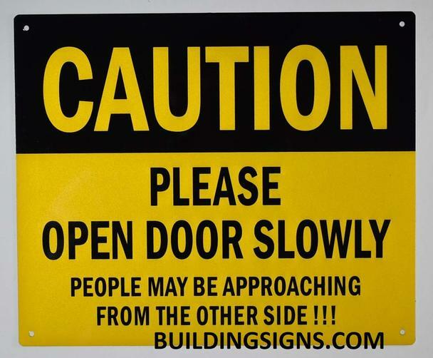 Caution Please Open Door Slowly Sign (Yellow Background, 10×12 inch)-ref0420