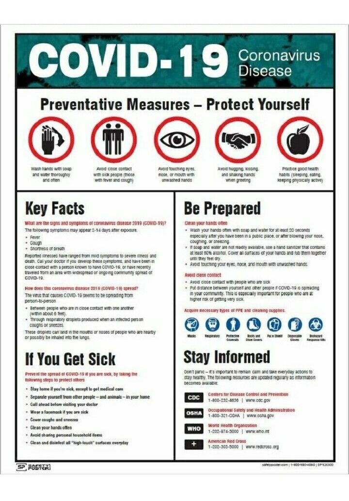 Safety Poster COVID-19 Information 22 x 17 (SP125300) Non-Laminated (Pack of 2)