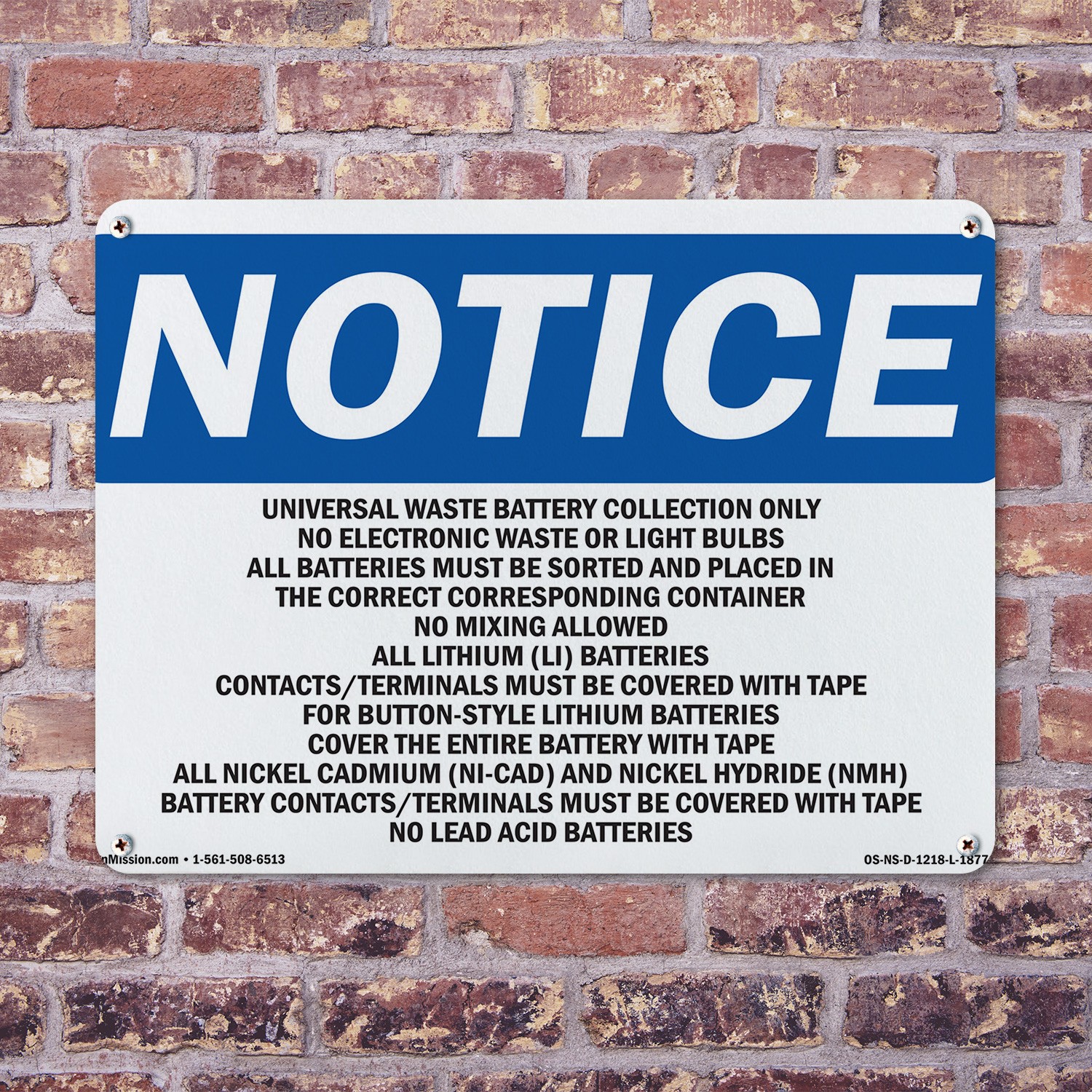 Universal Waste Battery Collection Only OSHA Notice Sign Or Decal – 5 or 10 Pack
