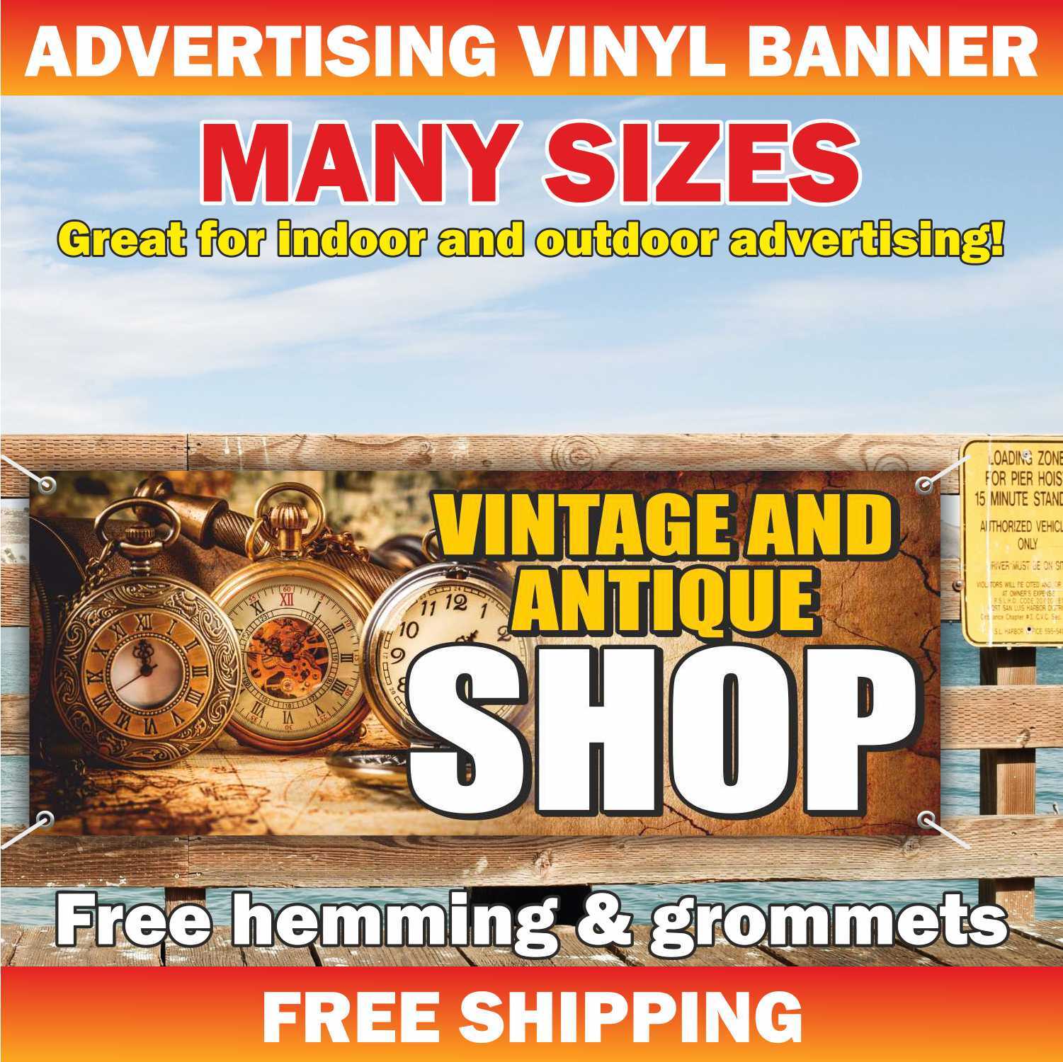 VINTAGE ANTIQUE SHOP Advertising Banner Vinyl Mesh Sign COLLECTIBLE Records Coin