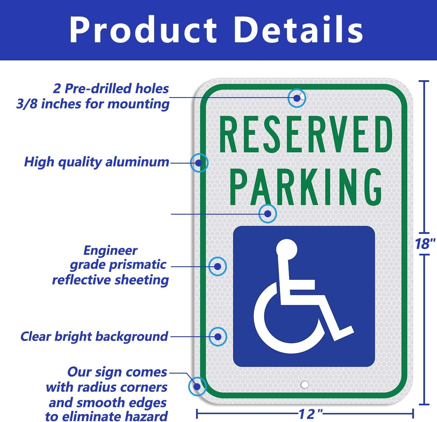 Handicap Parking Sign – 18 X 12 Inch Aluminum with ADA Accessibility Symbol, Res
