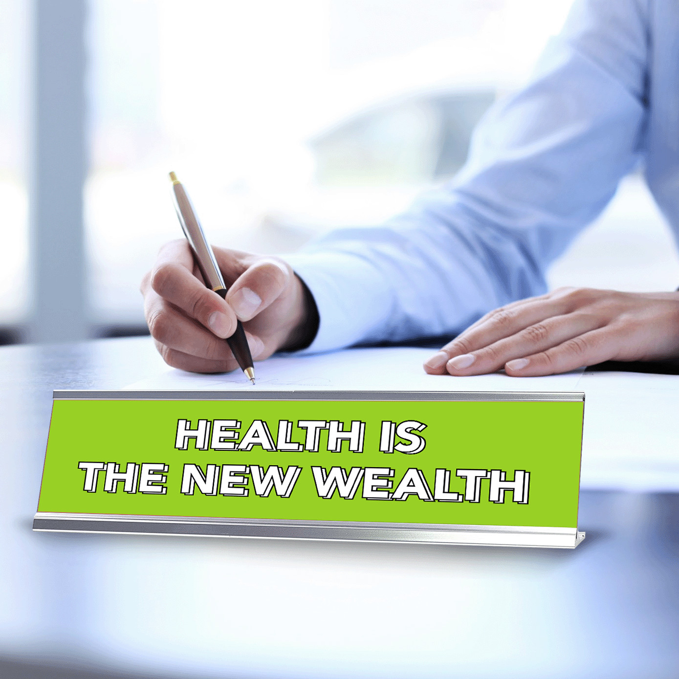 Health Is the New Wealth 2 x 10&Prime; Desk Sign | Inspirational Quotes Workspace