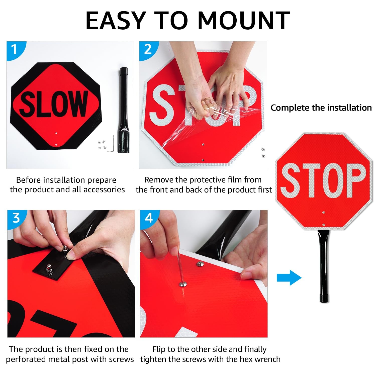 Stop Slow Sign with Metal Handle 13×13 inches Double Sided Slow/Stop sign Tra…
