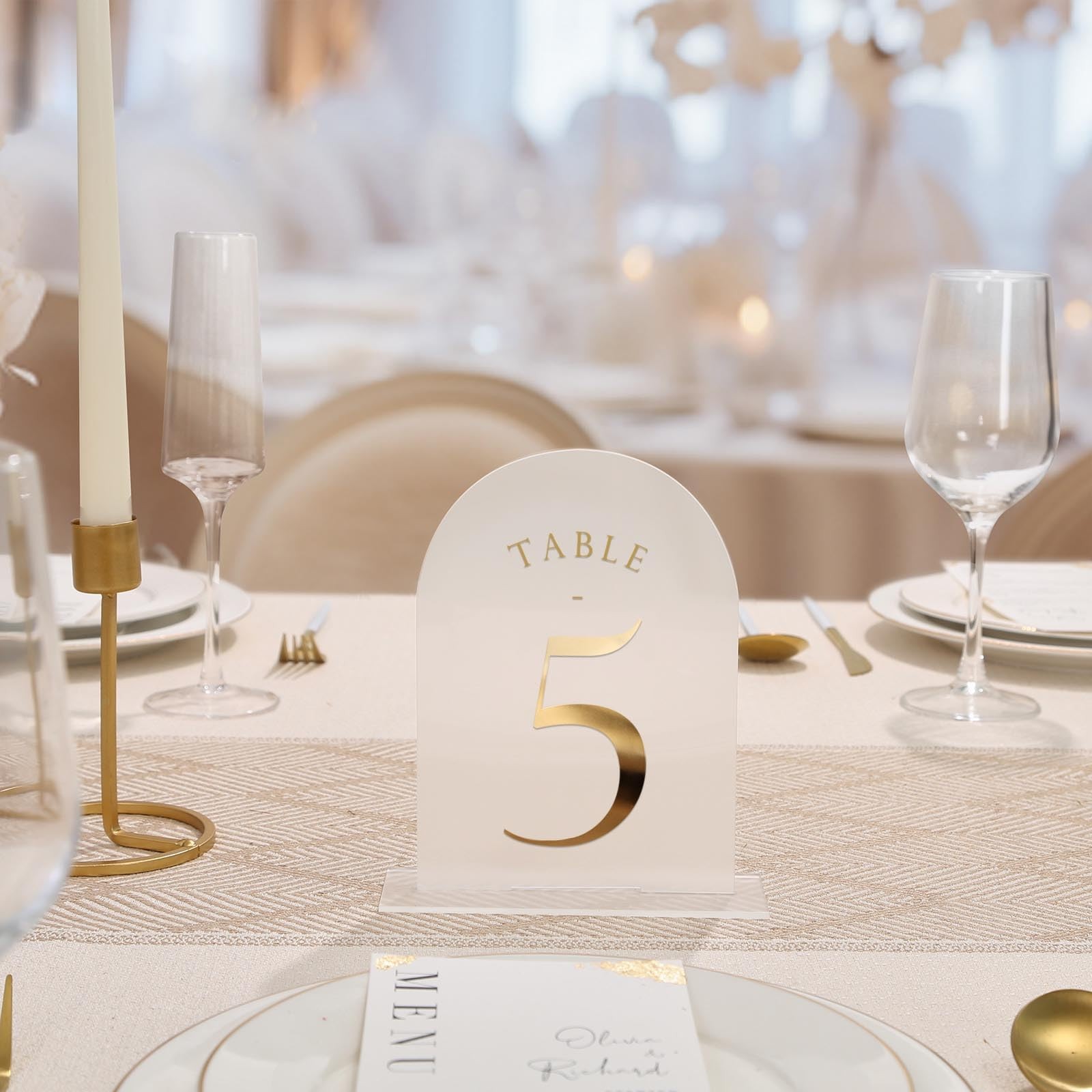 Frosted Arch Wedding Table Numbers 1-15 w/Stands Gold Foil Printed 5×7 Acrylic
