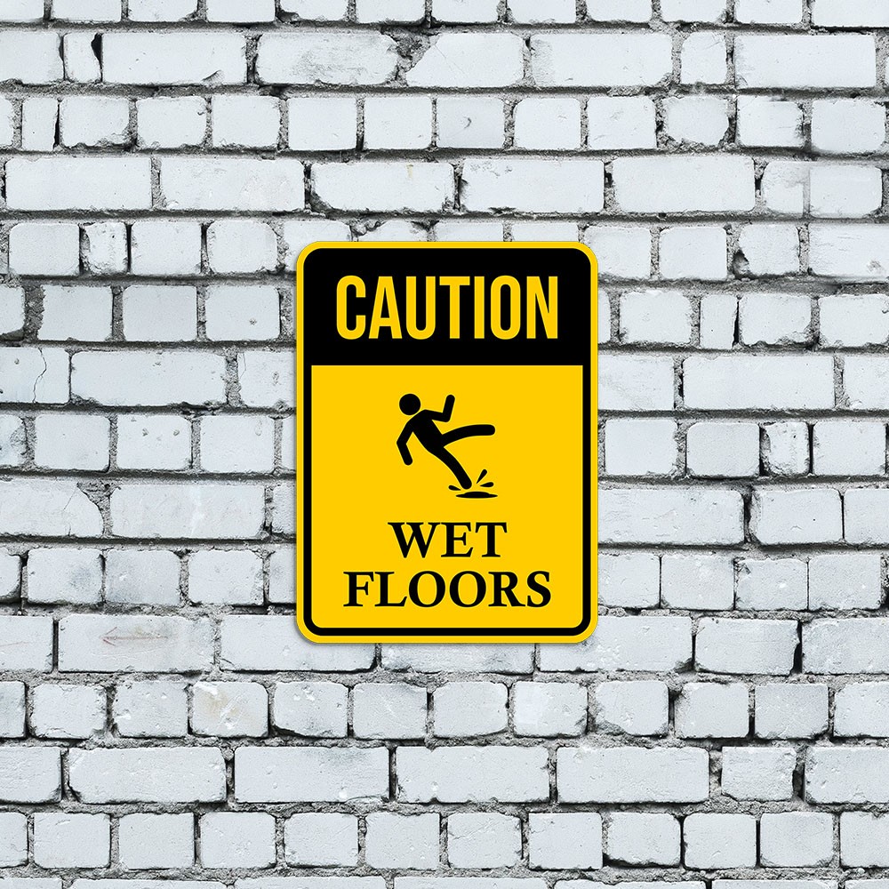 Portrait Round Plus Caution Wet Floors Wall or Door Sign