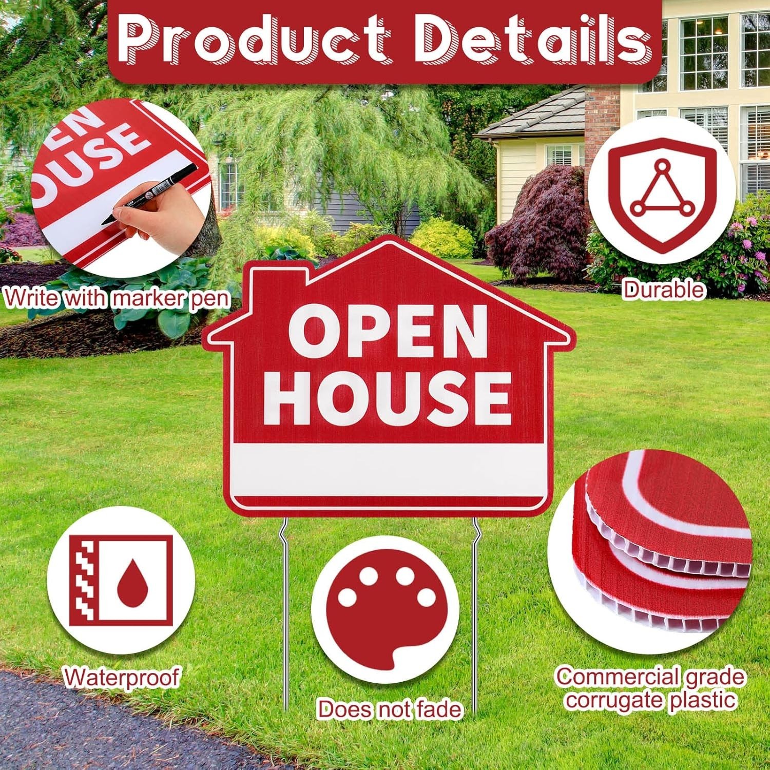 Large 5-Pack Double Sided Red Open House Signs with Metal Stakes – 16&Prime;x12&Prime;