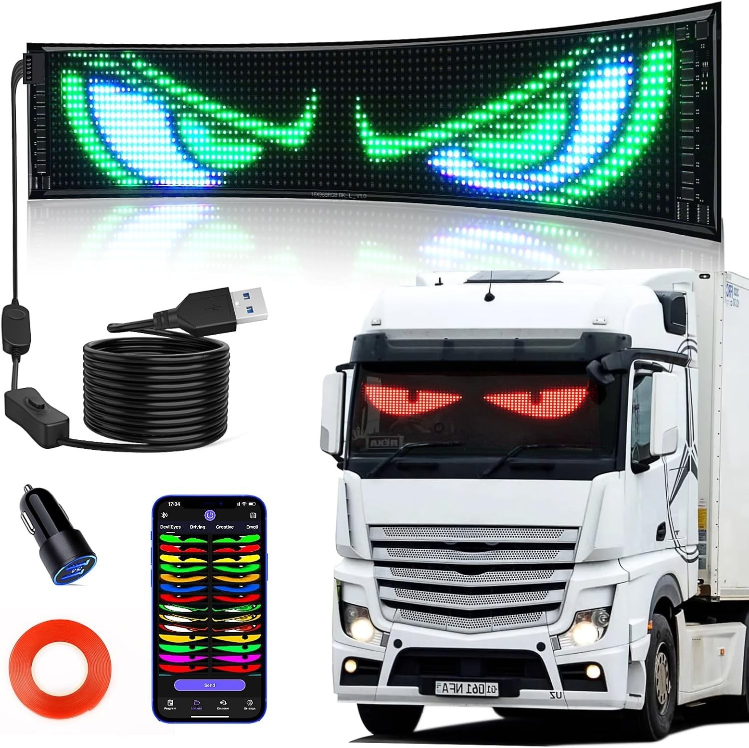 23&Prime;x5&Prime; Devil Eyes LED Car Sign – Bluetooth Control Custom Messages & Animations