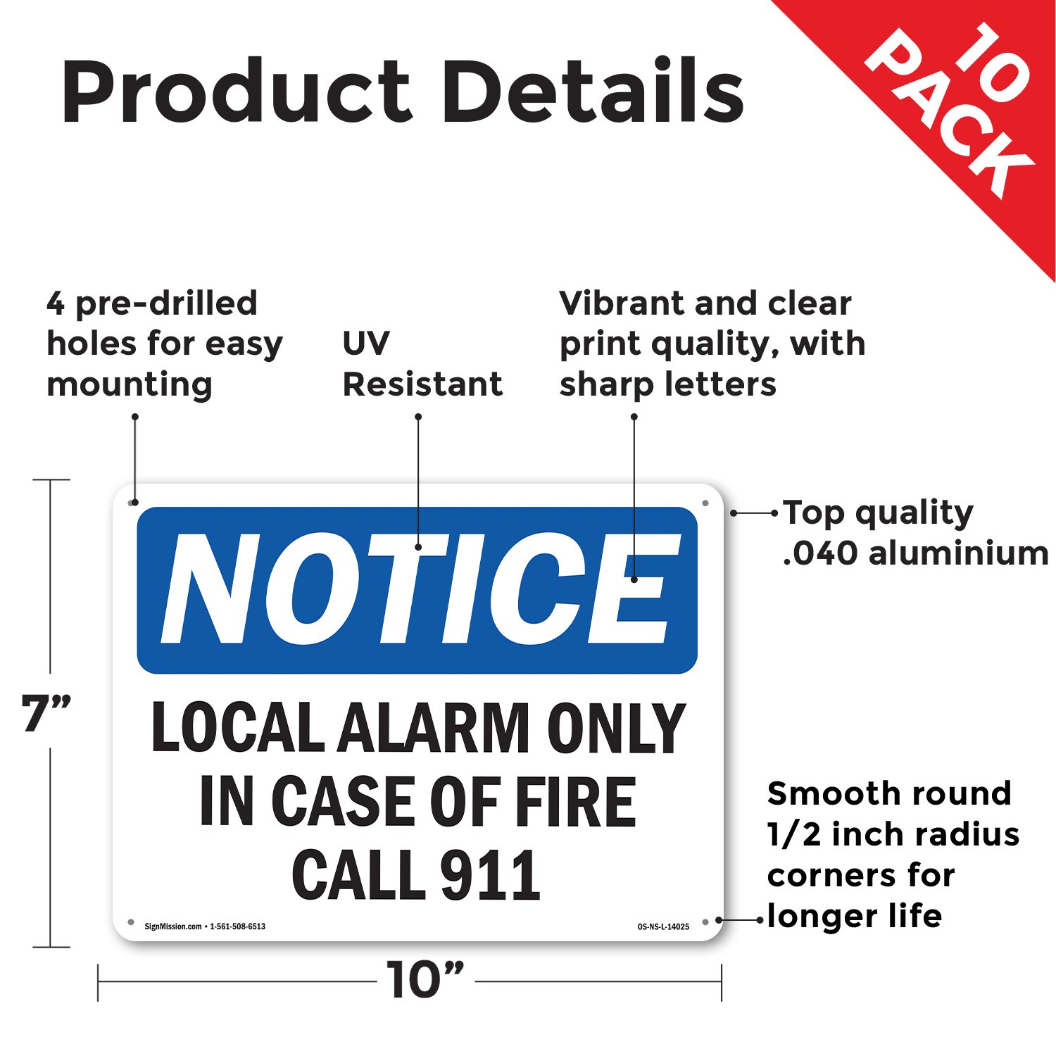Local Alarm Only In Case Of Fire Call 911 OSHA Notice Sign, Decal 5 or 10 Pack