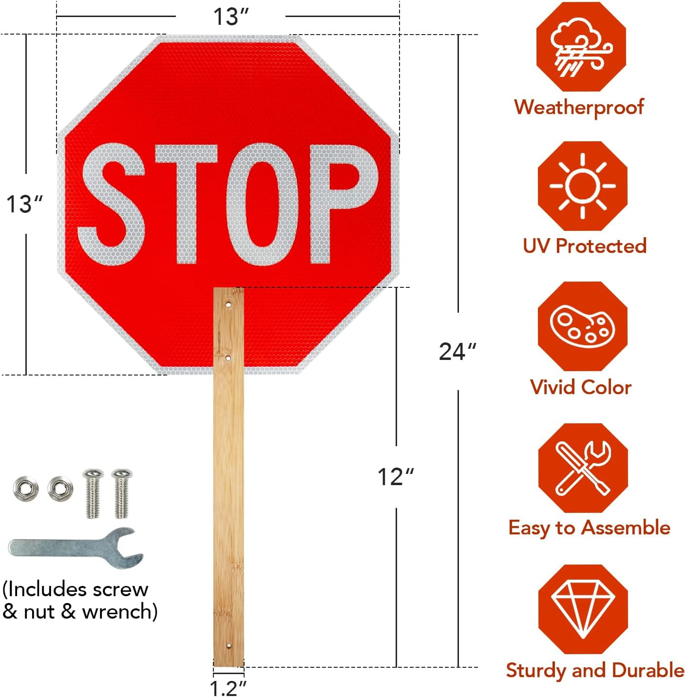 Stop Slow Sign with Bamboo Handle, 2-Pack 13&Prime; X 13&Prime; Double Sided Engineer Grade