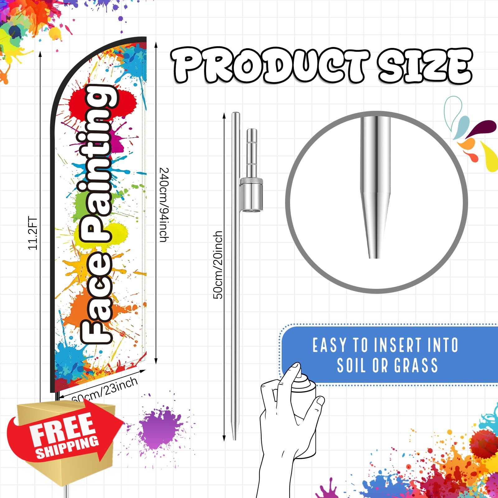 HunnmingRe 11.2ft Face Painting Feather Flag w/ Pole Multicolor 1 Pc