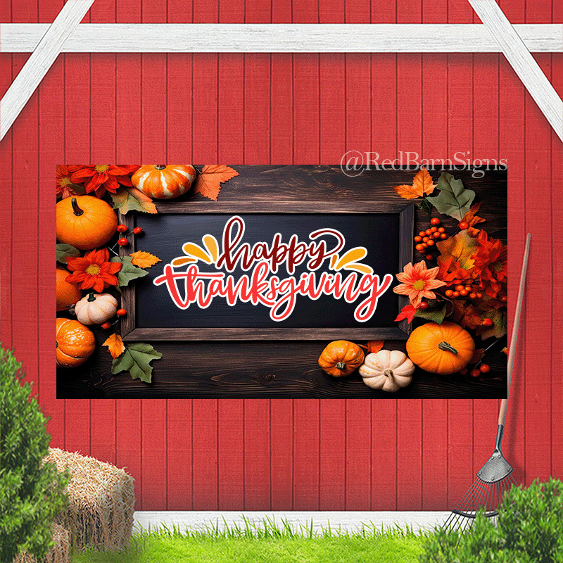 Happy Thanksgiving various pumpkins on dark wooden background banner