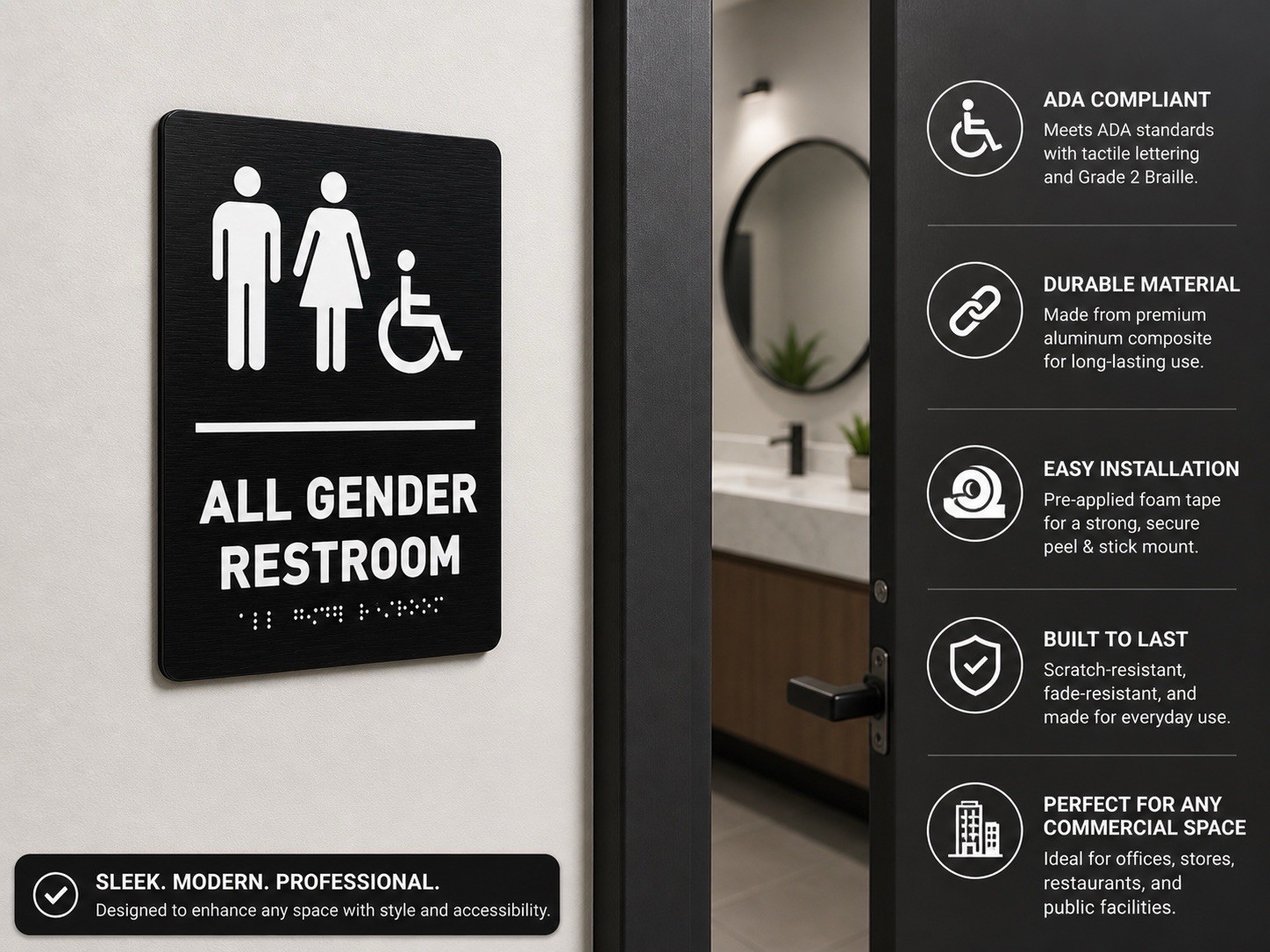 All Gender Restroom ADA Sign w/ Braille Brushed Aluminum 6×9 Black Peel & Stick