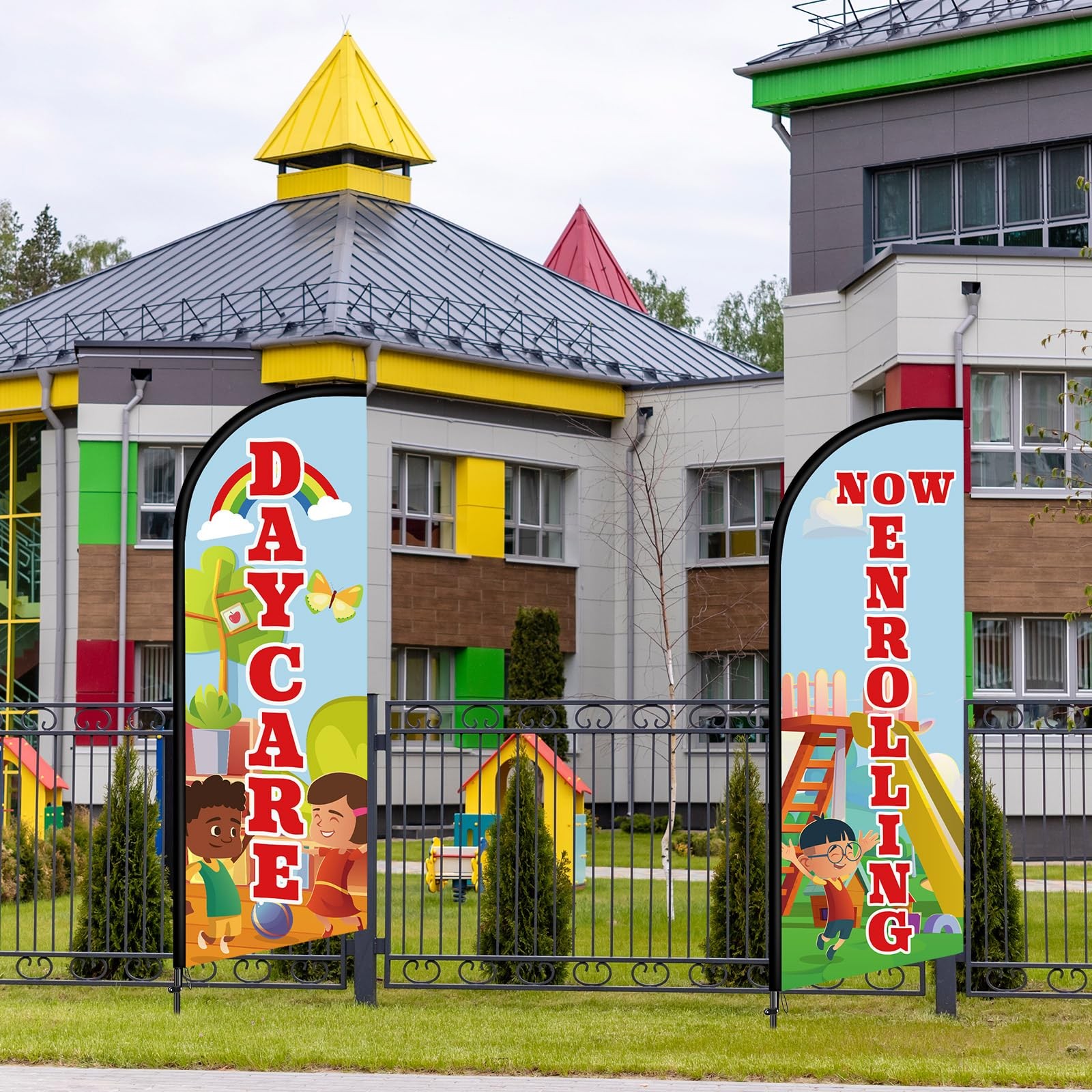 2 Set 7 ft Now Enrolling Day Care Feather Flag with Pole Kit and Ground Stake…