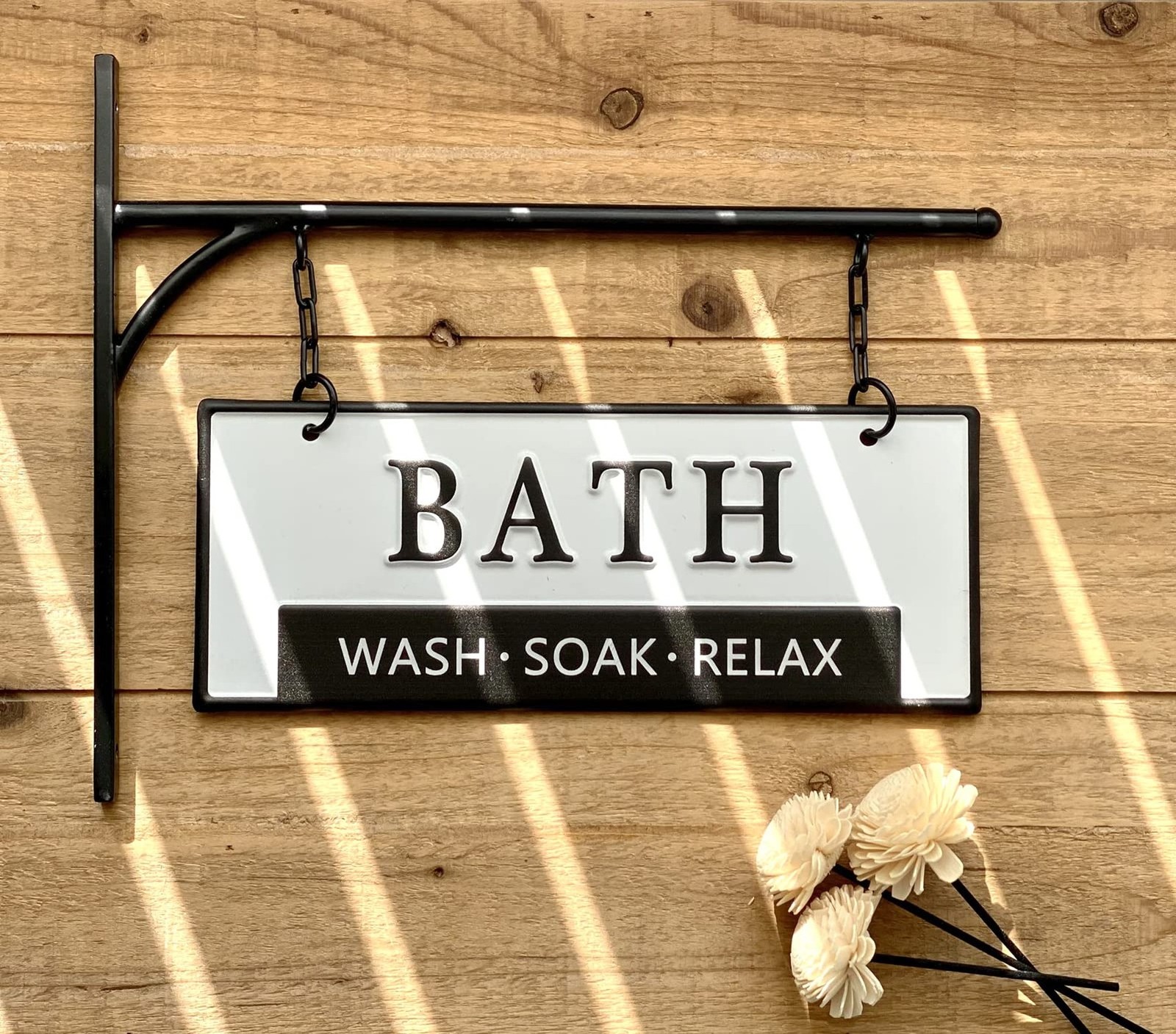 Double-Sided Bathroom Door Hanging Sign, Embossed Black on White Enamel Metal…