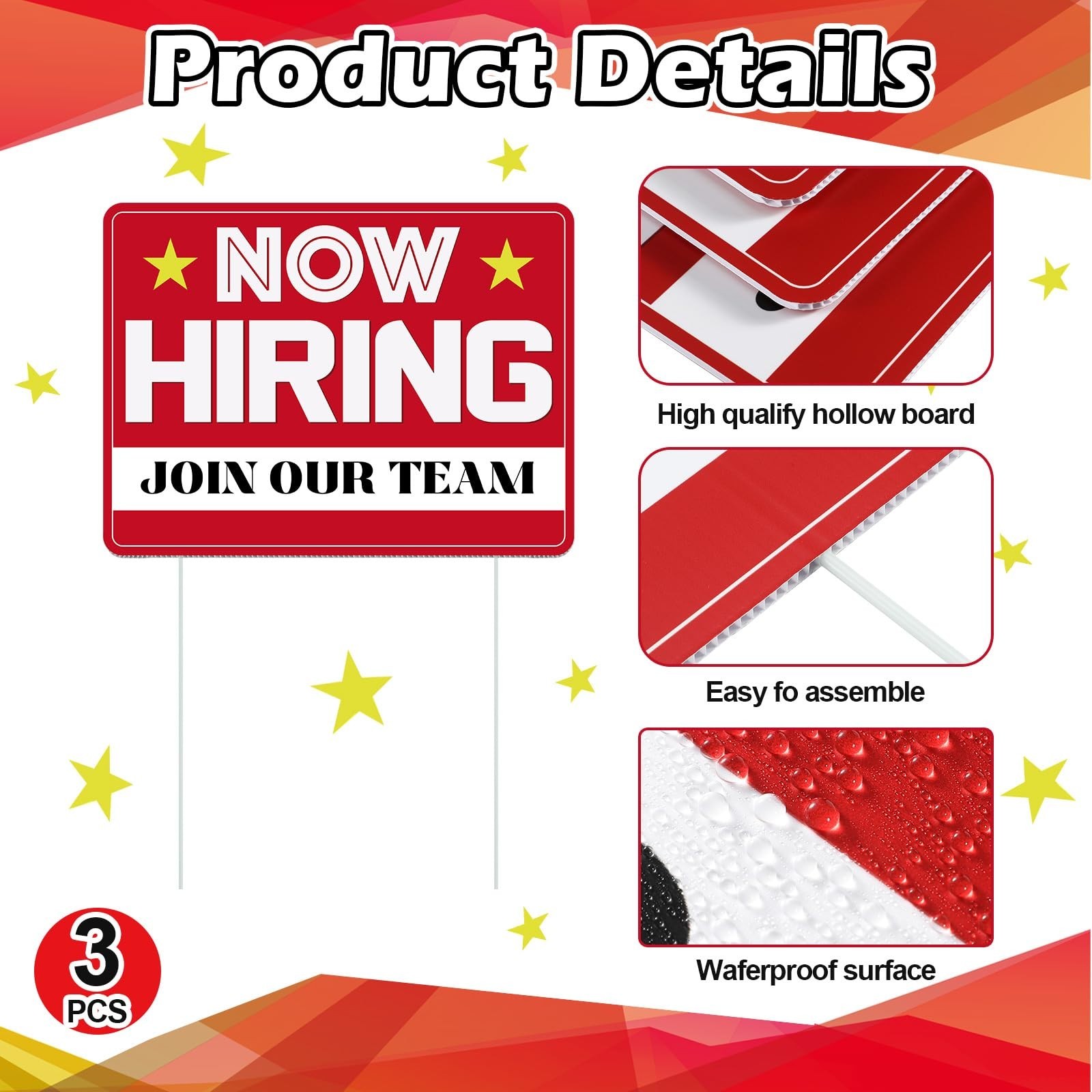 3 Pcs Now Hiring Sign with Stake – 12×16&Prime; Double-Sided Help Wanted Signs for Bus