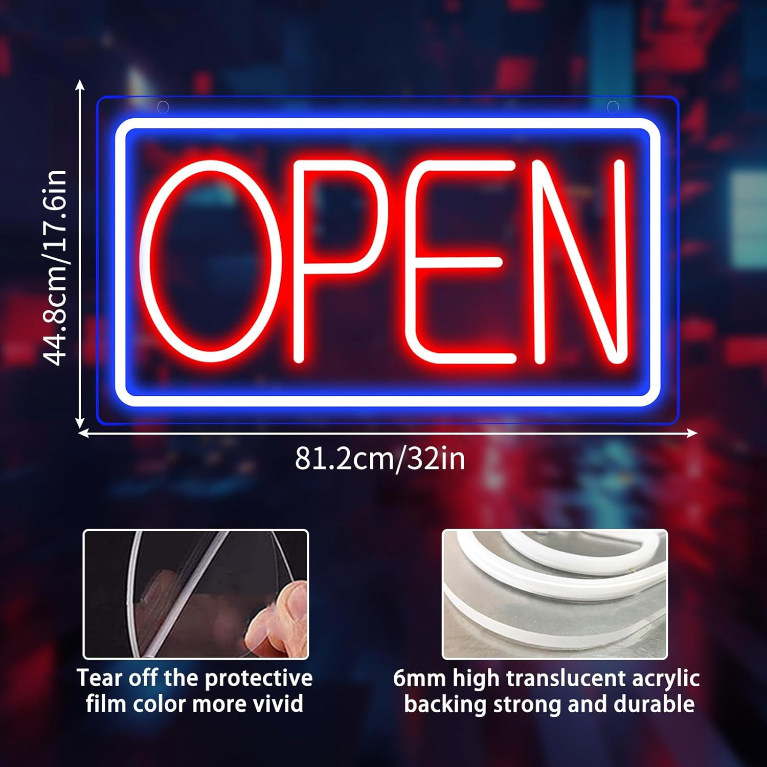 Ultra Bright LED Neon Open Sign for Storefront – 32 Inch Blue/Red
