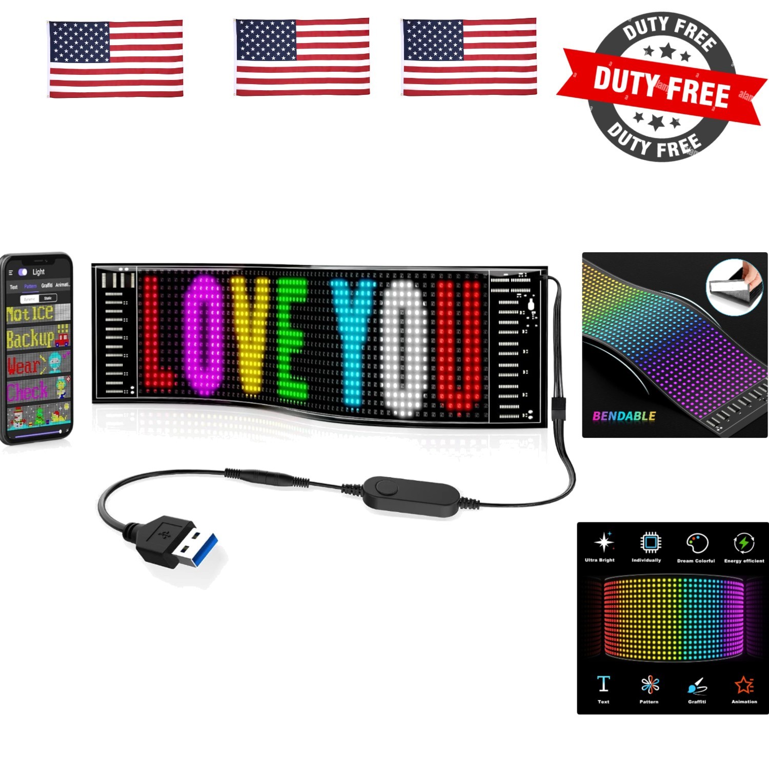 Scrolling Bright Advertising LED Signs, Flexible USB 5V LED Car Sign Bluetoot…
