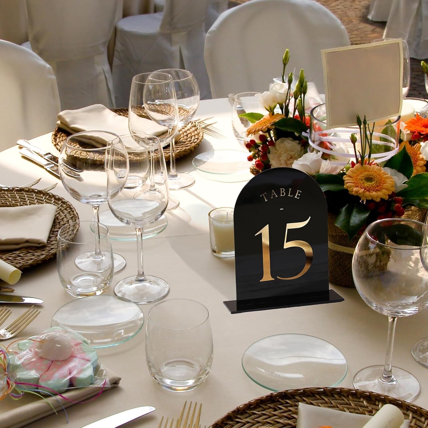 Black Arch Wedding Table Numbers with Stands 1-15, Gold Foil Printed 5×7 Dbl B22
