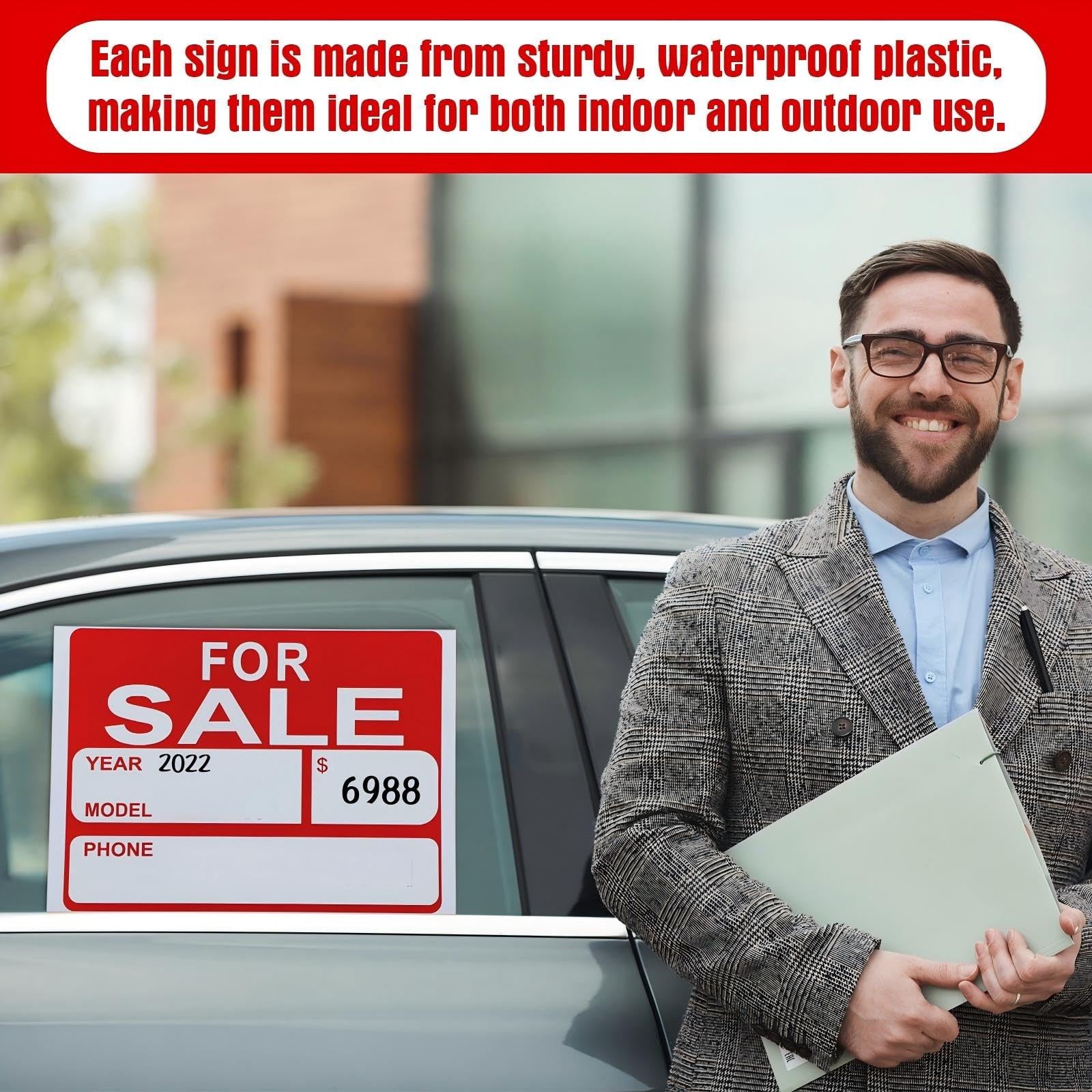 Sale Signs for Car 9×12&Prime; Waterproof Plastic Adhesive Vehicle House Sign 25PC