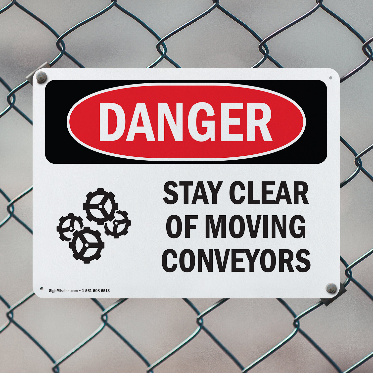 (2 Pack) Stay Clear Of Moving Conveyors OSHA Danger Sign Decal Metal Plastic