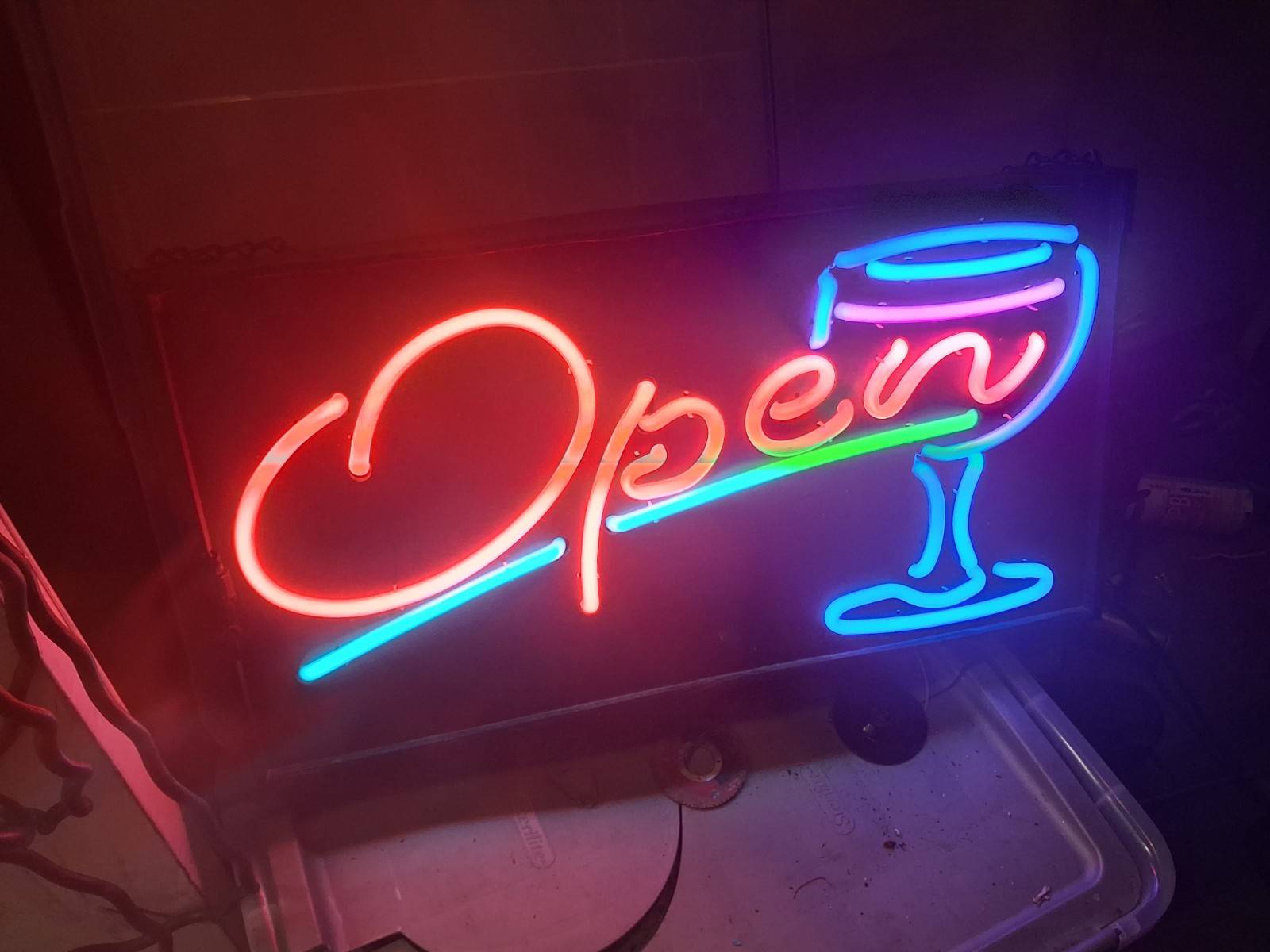 Neon “Open” Illuminated Sign w/ Martini Glass, Multi-Color Hanging Light