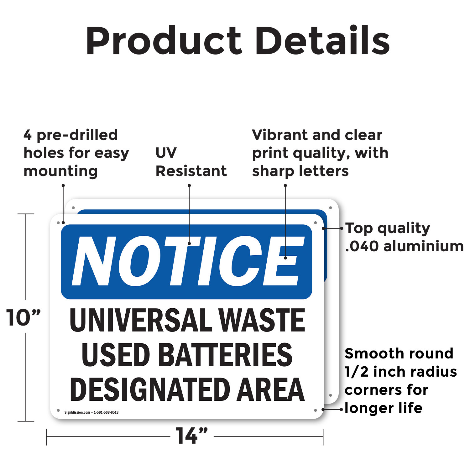 (2 Pack) Universal Waste Used Batteries Designated Area OSHA Notice Sign Decal