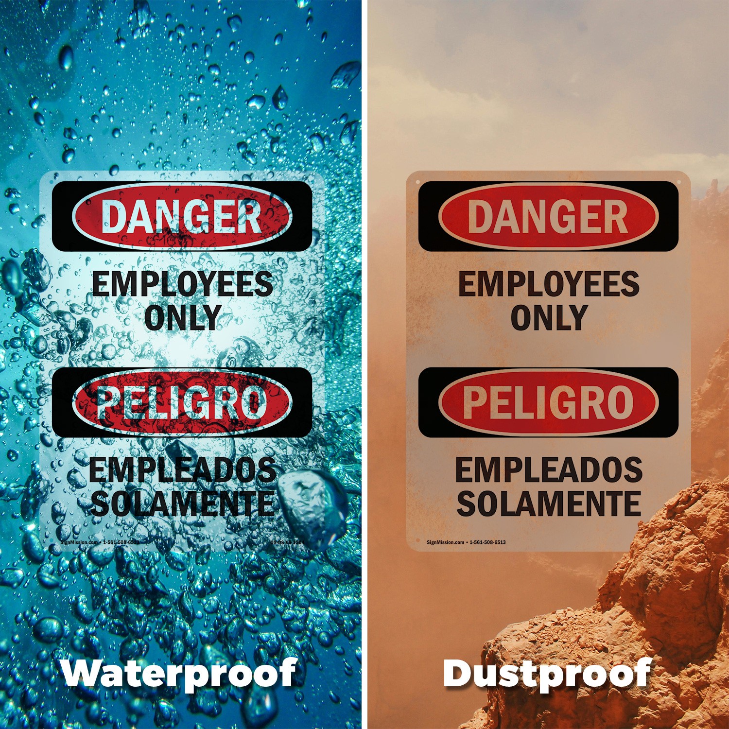 Employees Only Bilingual OSHA Danger Sign Metal, Plastic, Decal – 5 or 10 Pack