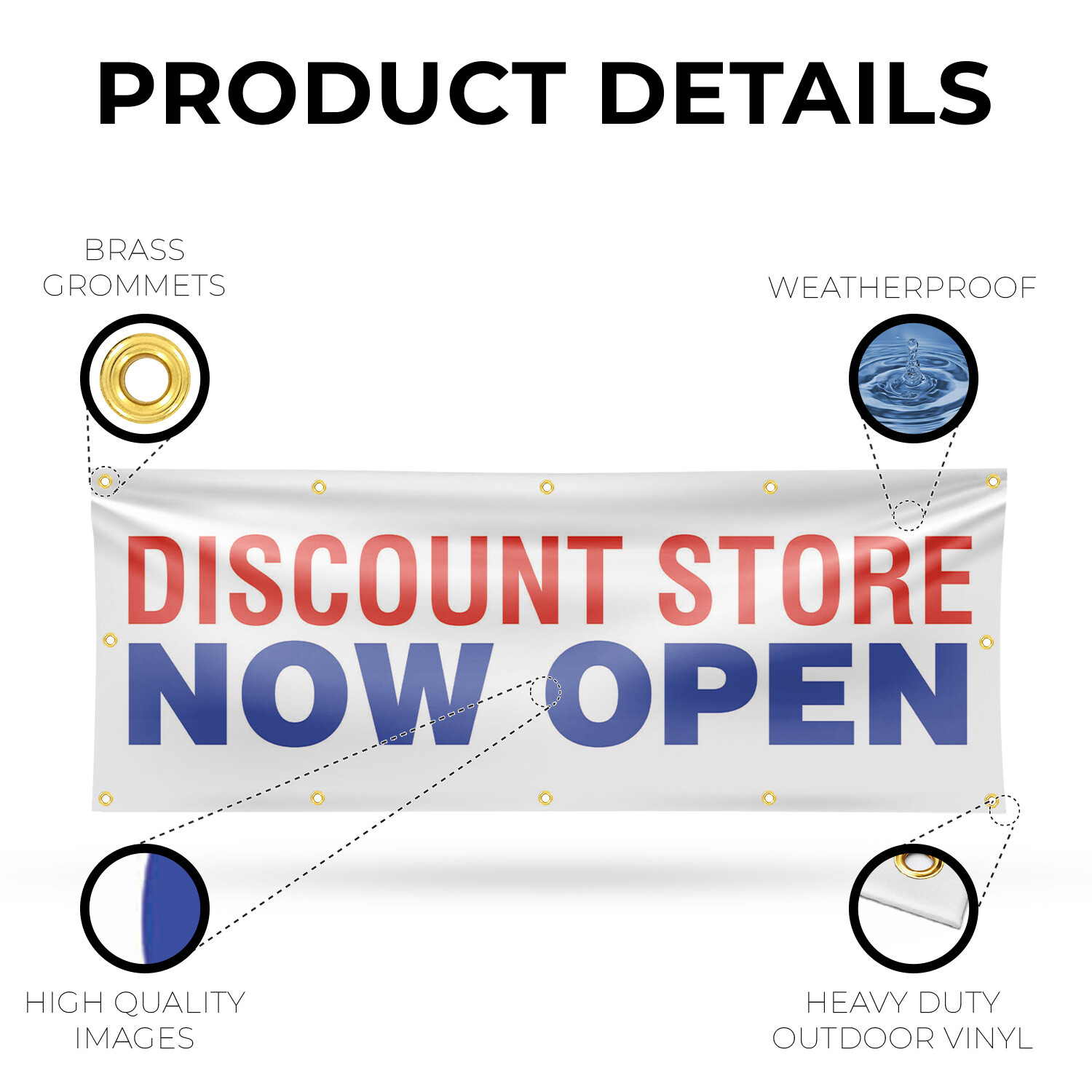 Discount Store Now Open Vinyl Banner Sign with Metal Grommets Heavy-Duty