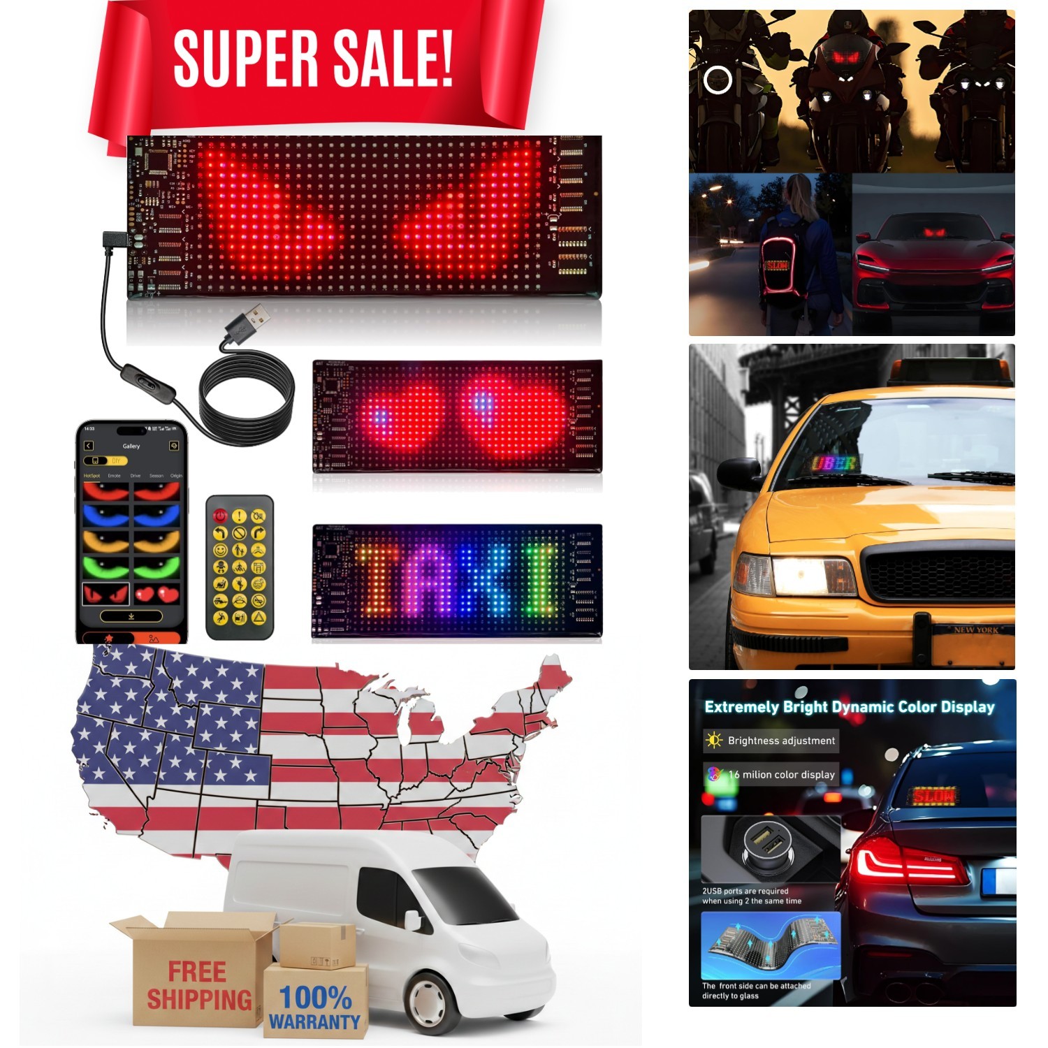 Vibrant 7&Prime;x3&Prime; Waterproof LED Sign for Cars – Customizable Remote Control