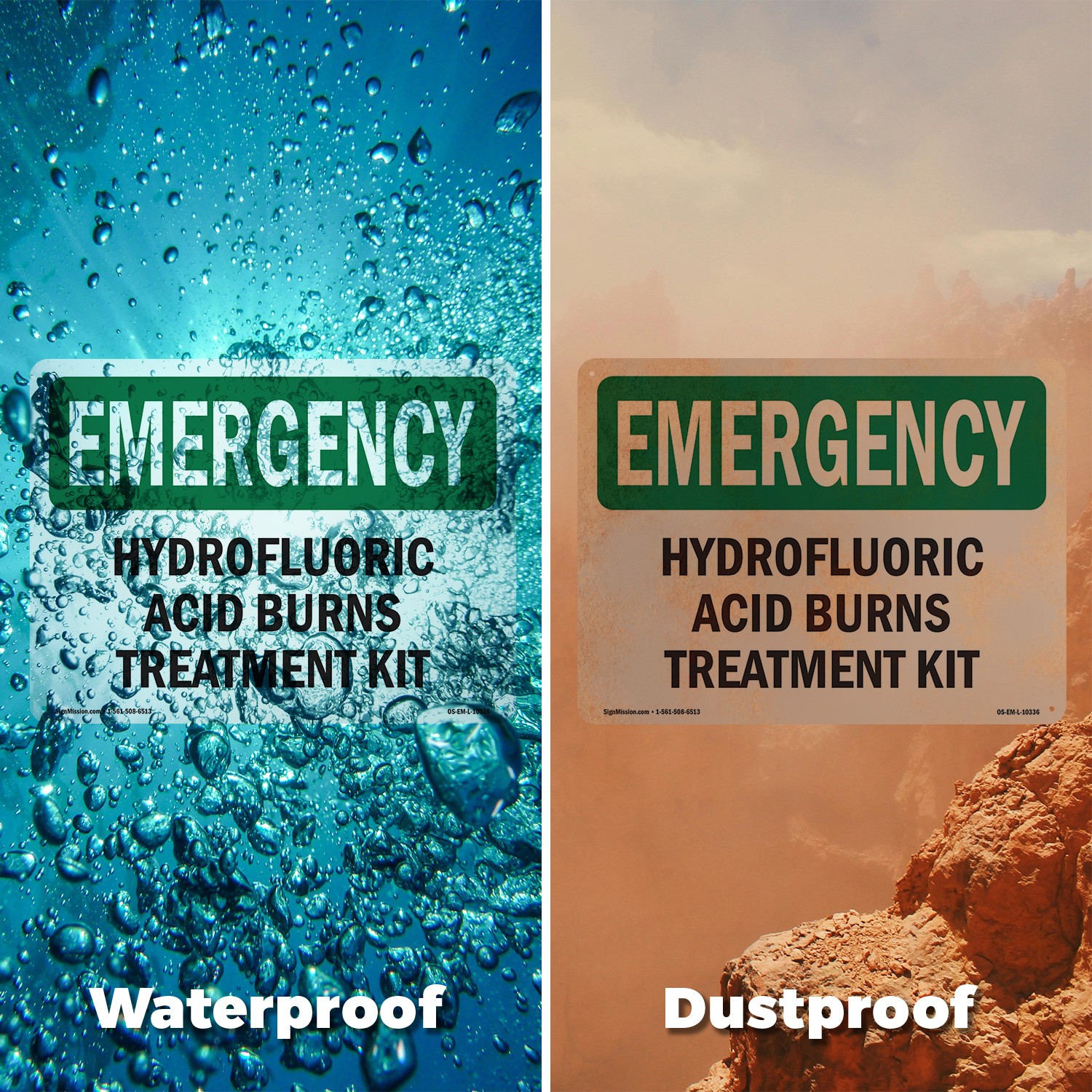 Hydrofluoric Acid Burns Treatment Kit OSHA Emergency Sign, Decal 5 or 10 Pack