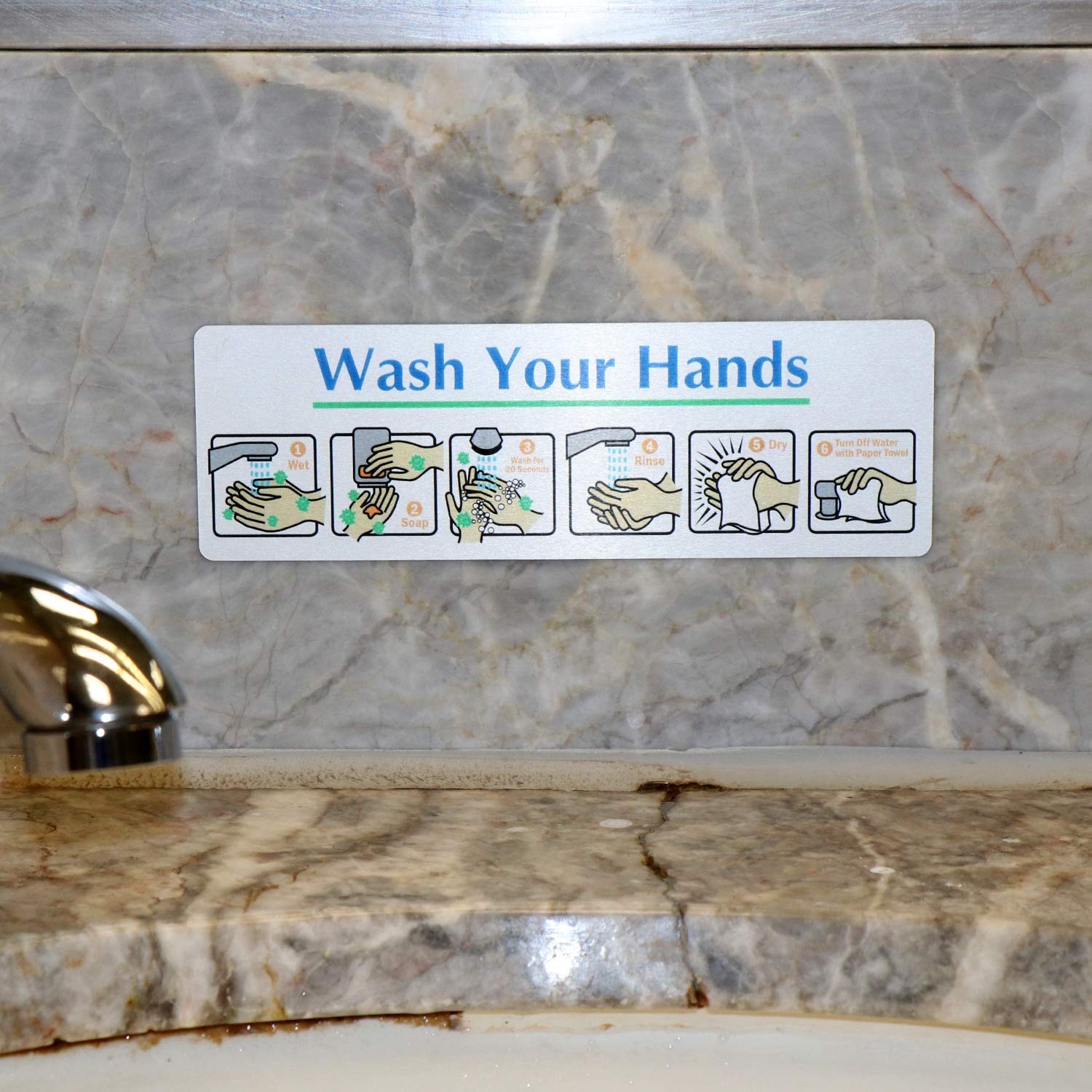 2 x 6 inch “Wash Your Hands” Hand Washing Instructions Sign with Adhesive Bac…