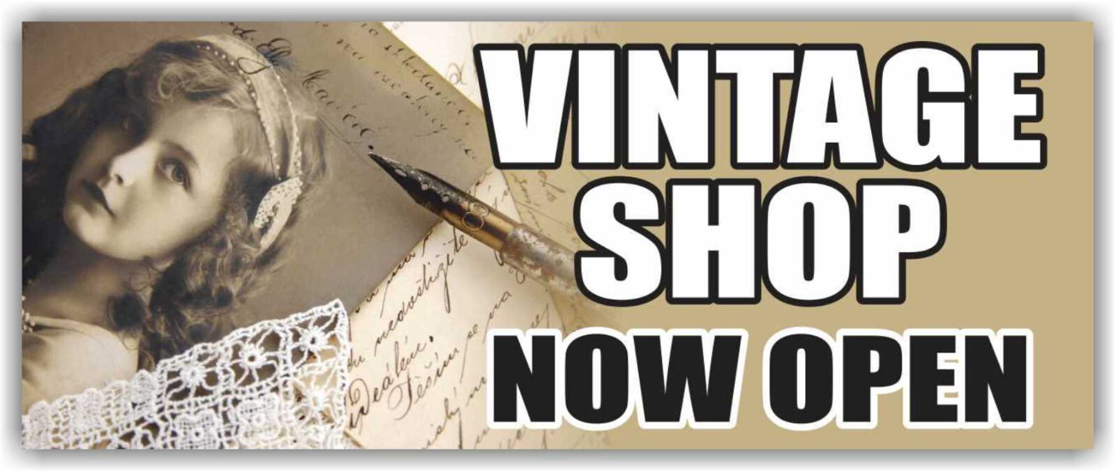 VINTAGE SHOP OPEN Advertising Banner Vinyl Mesh Sign ANTIQUE STORE COLLECTIBLES