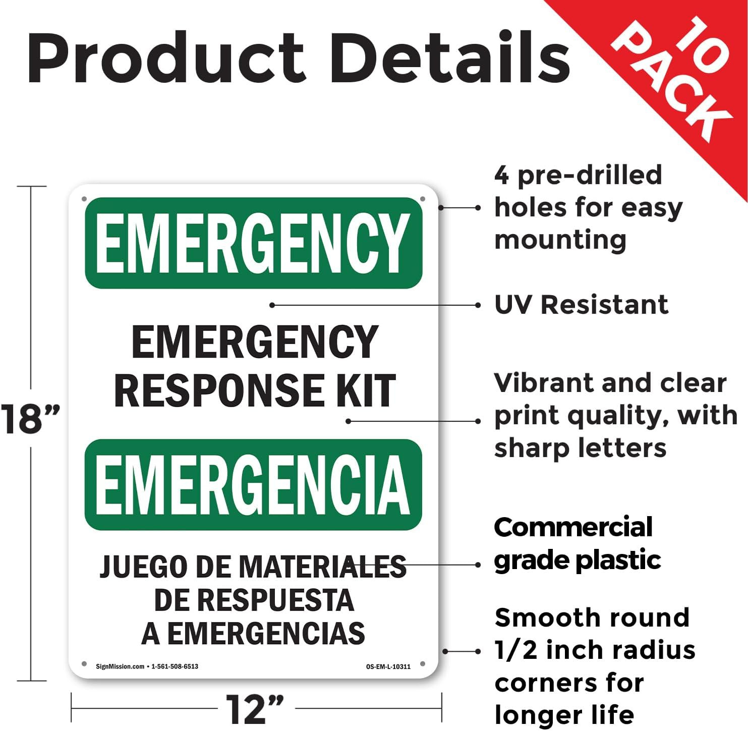 Response Kit Bilingual OSHA Emergency Rigid Plastic Sign 18 Inch X 12 Inch – 10