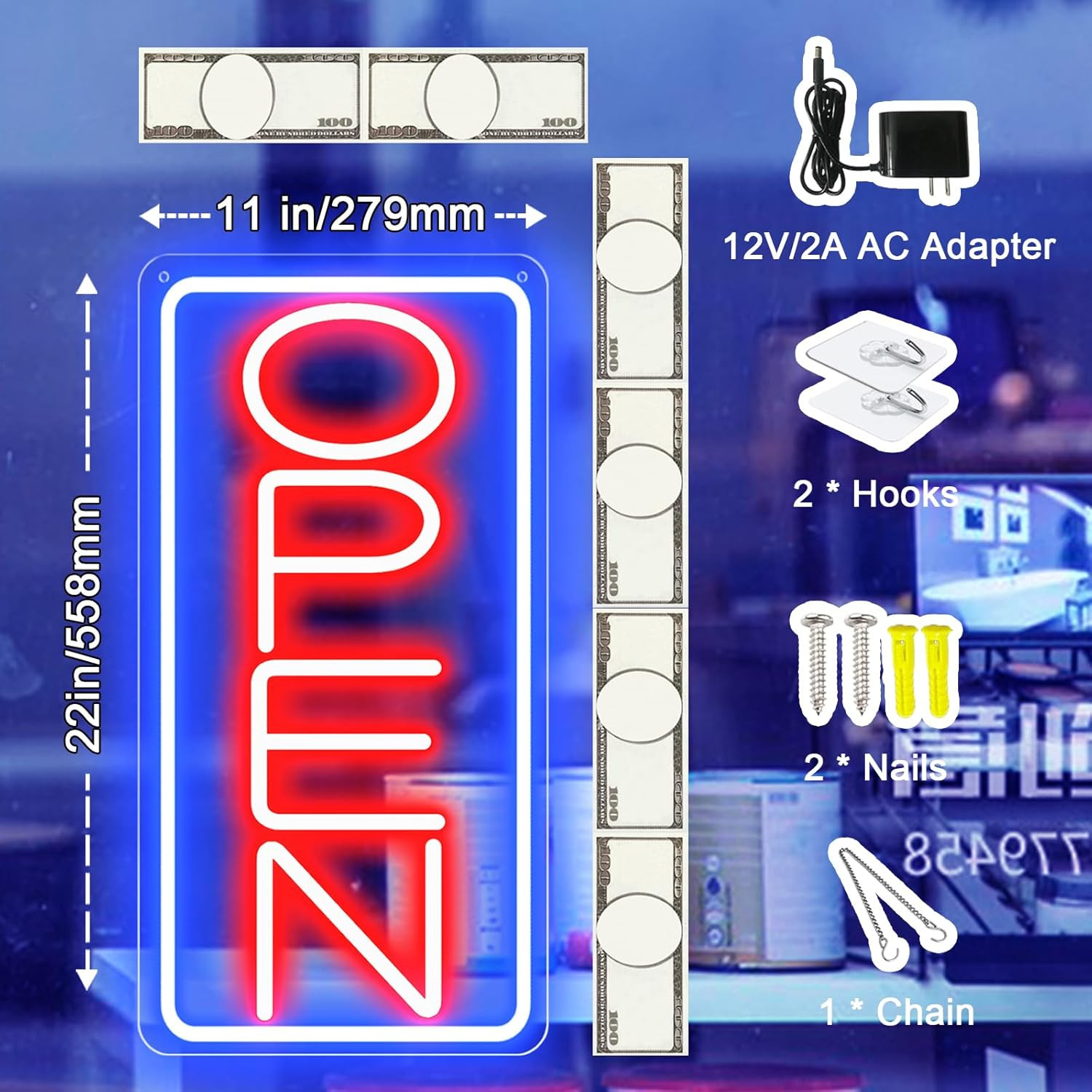 22&Prime; X 11&Prime; Led Neon Open Signs for Business 12V/2A Ultra Bright Led Neon Open Sig