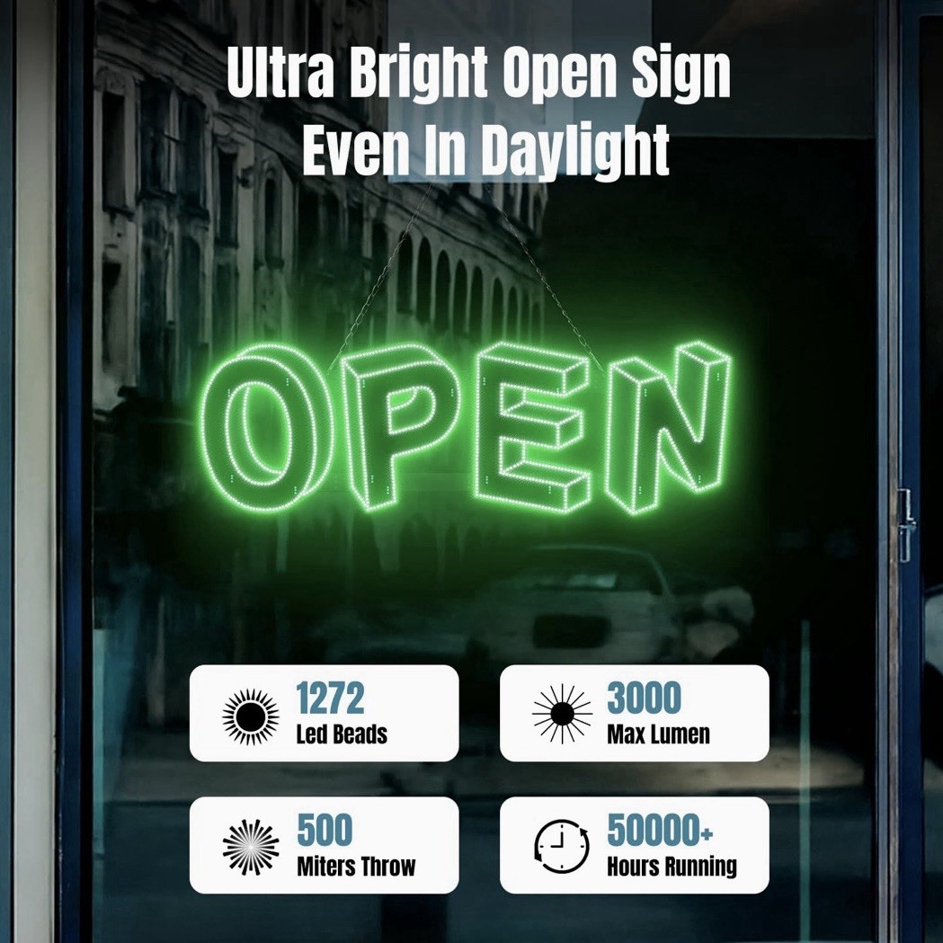 3D LED Open Sign, 37”X 12”, Timer Settings, Adjustable Brightness with 14 Modes