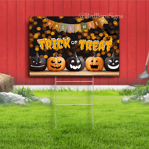 Halloween trick or treat orange and black pumpkins yard sign