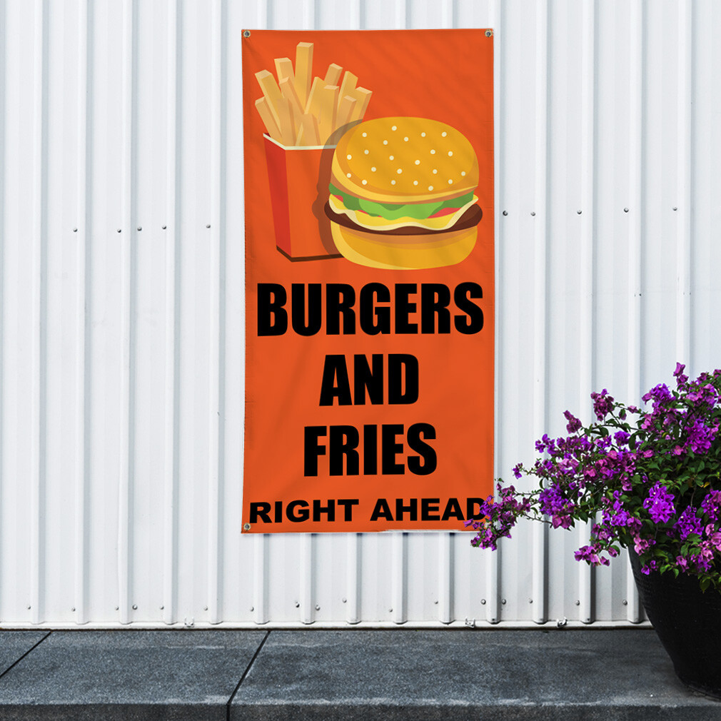 Vertical Vinyl Banner Multiple Sizes Burger and Fries Right Ahead Orange Black