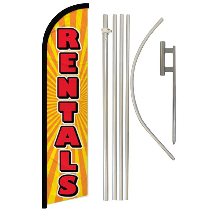 Rentals (Sunburst) Windless Full Curve Advertising Auto Banner Flag & Pole Kit
