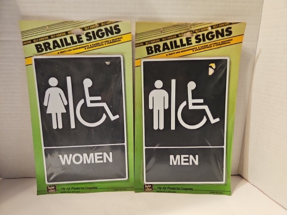 New ADA 1 Women, 1 Men Handicap Restroom Sign Braille Self Adhesive 8.5&Prime; x 5.5&Prime;