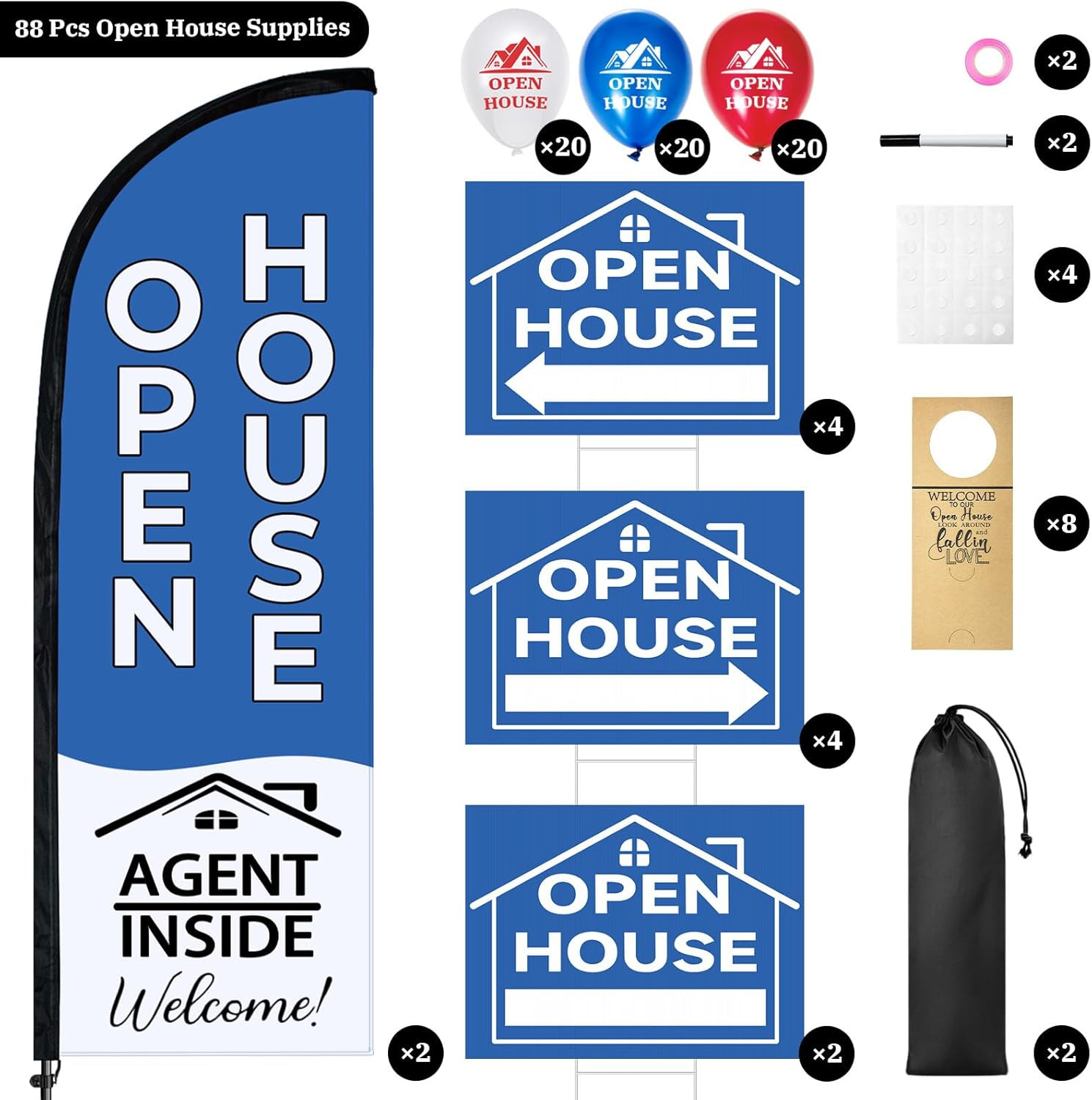 88 Pcs Open House Sign Kit with Flags, Arrows, Stakes & Balloons – Blue