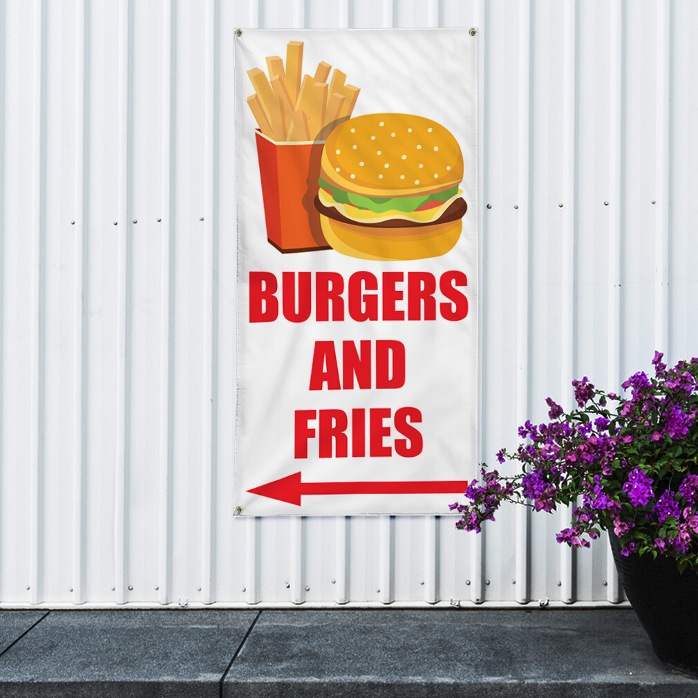 Vertical Vinyl Banner Multiple Sizes Burger and Fries White with Red Arrow