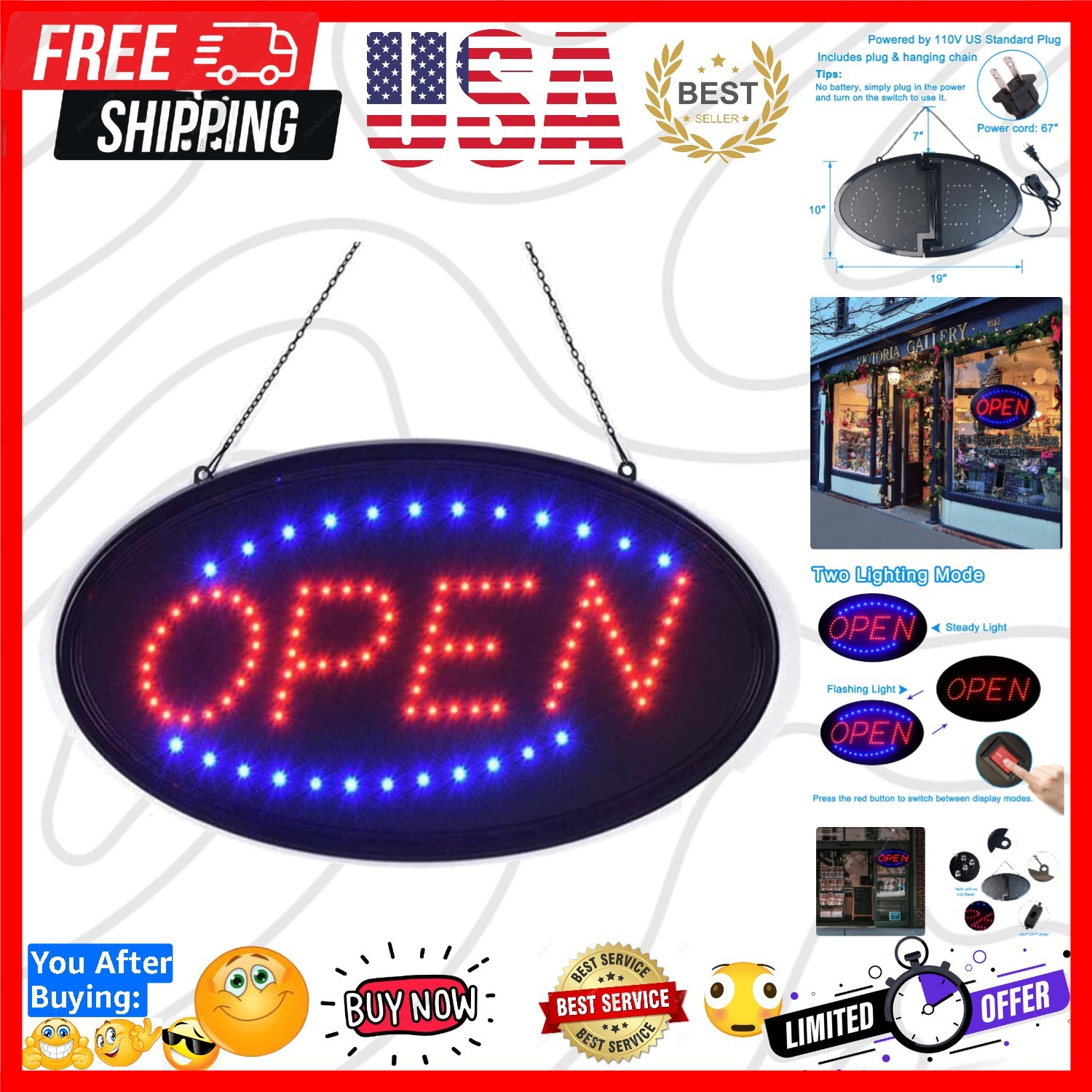 LED Open Sign, 19&Prime;x10&Prime; Bright High Visibility Advertisement Board Electric Di…