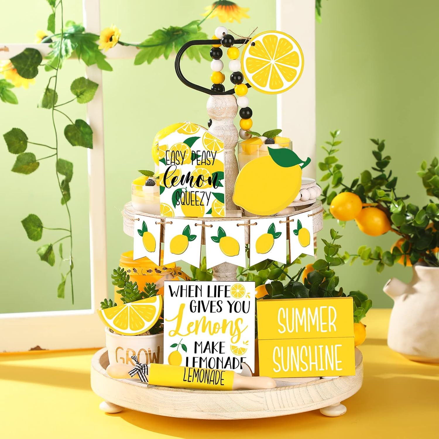 14 Pcs Summer Lemon Tiered Tray Decor Set Summer Table Decoration Lemonade Woode