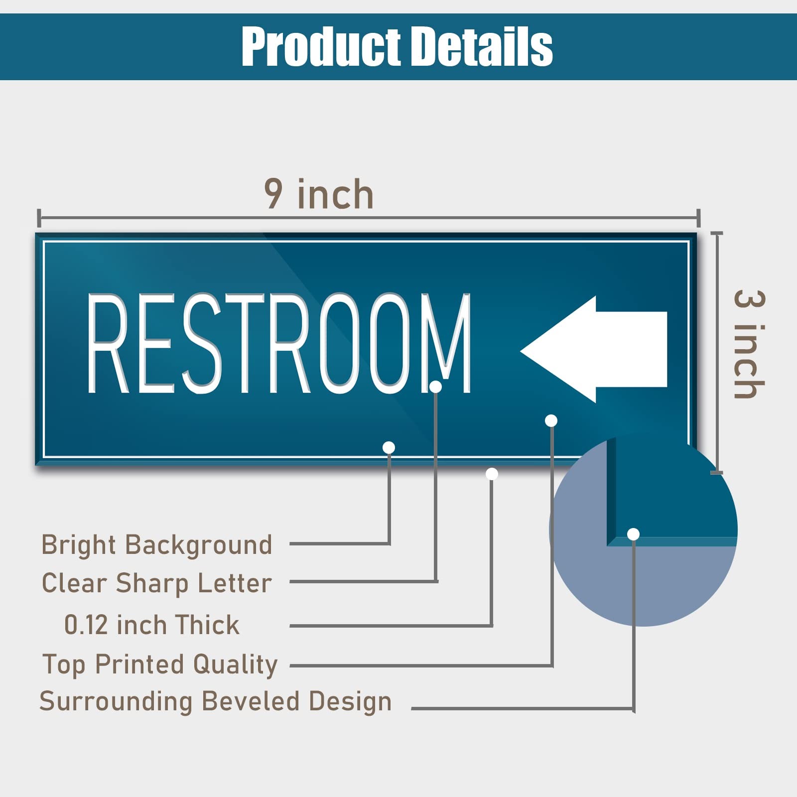 9×3 Inch Blue Restroom Left Arrow Directional Sign Adhesive Door Wall Set