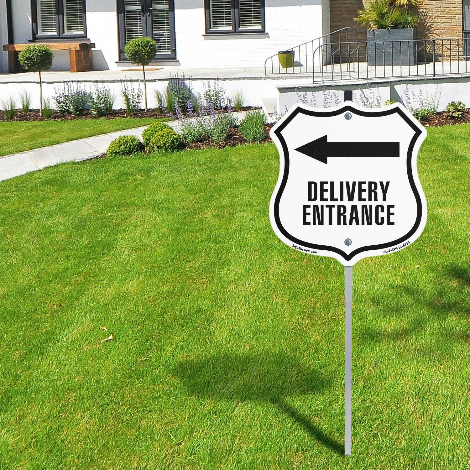 Delivery Entrance Left Shield Shaped Sign With Stake Crafted in the USA