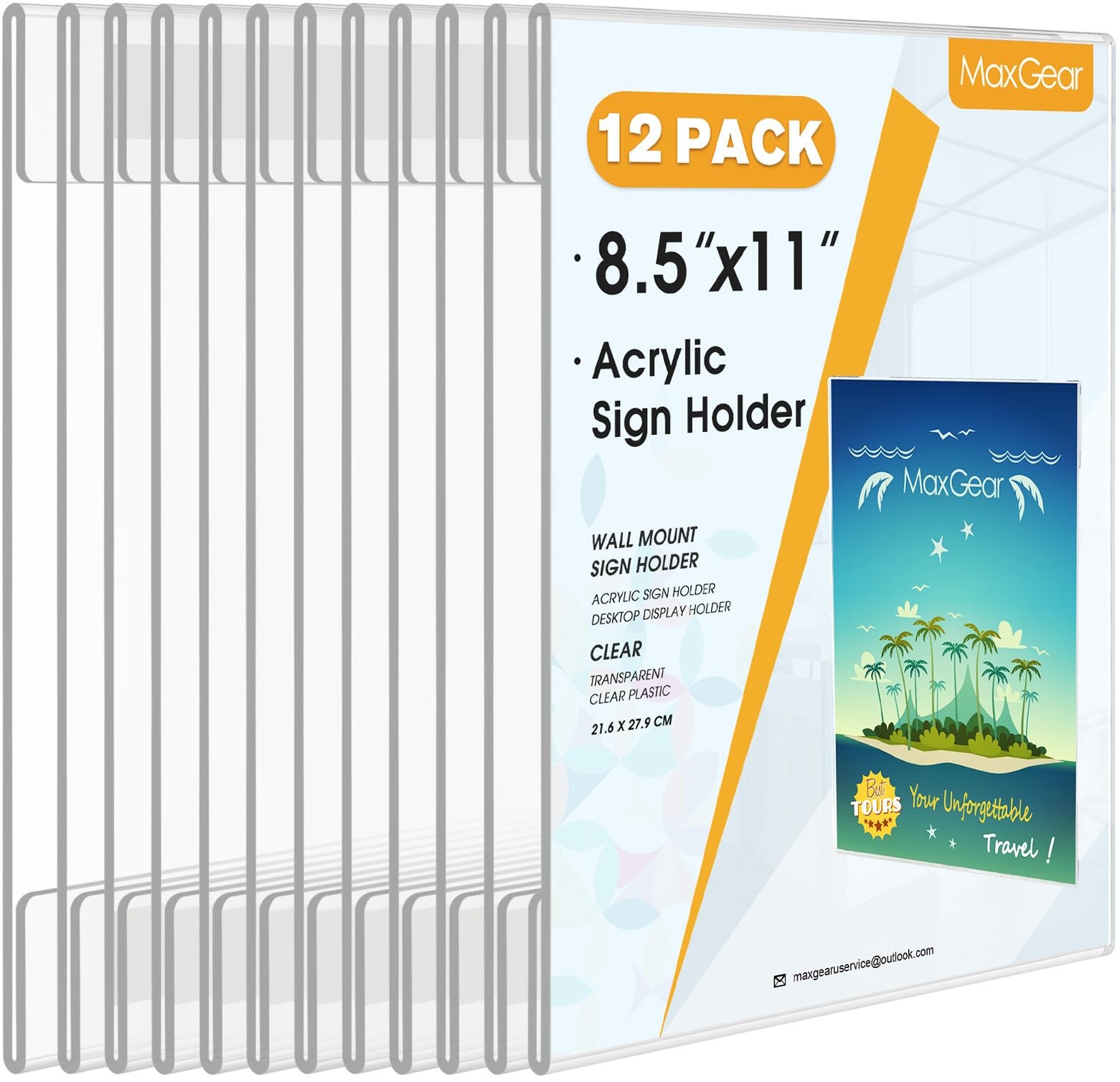 MaxGear 12 Pack Acrylic Sign Holder 8.5 x 11 Wall 8.5&Prime;x11&Prime;-12Pack, clear
