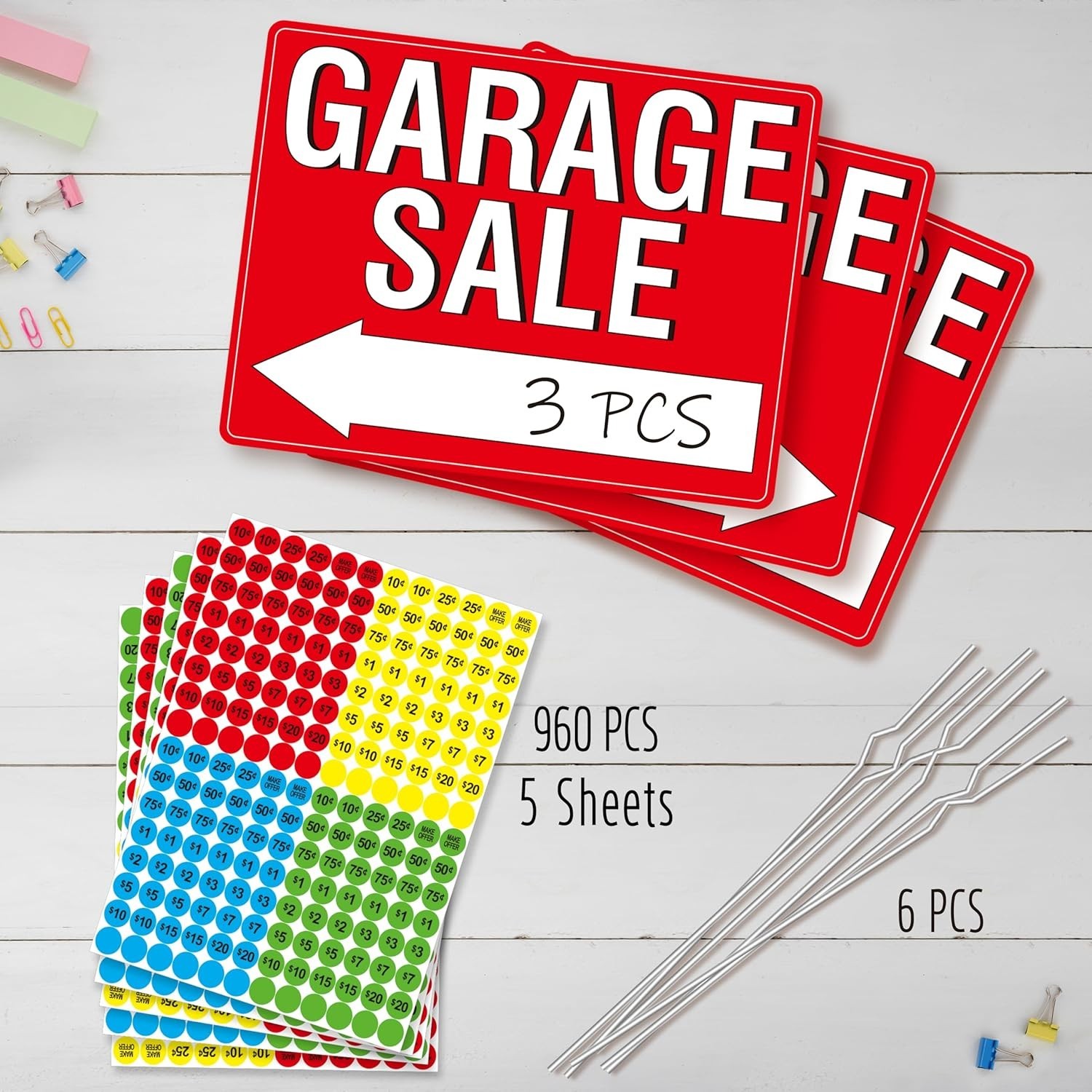 3 Pack Garage Sale Signs Double Sided w/ Stakes & Labels, Neon Plastic