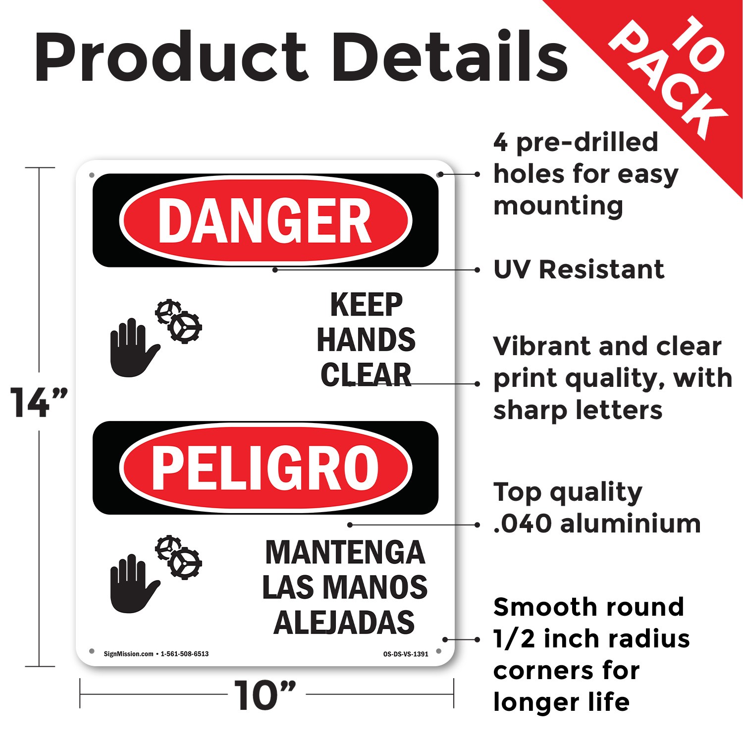 Keep Hands Clear Bilingual OSHA Danger Sign Metal, Plastic, Decal 5 or 10 Pack