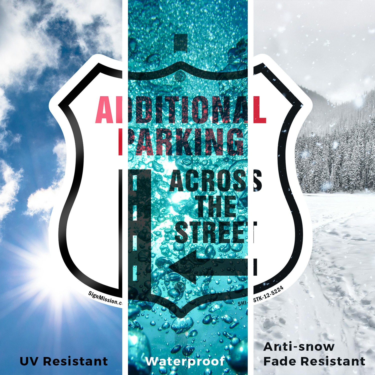 Additional Parking Across Street Left Shield Shaped Sign With Stake